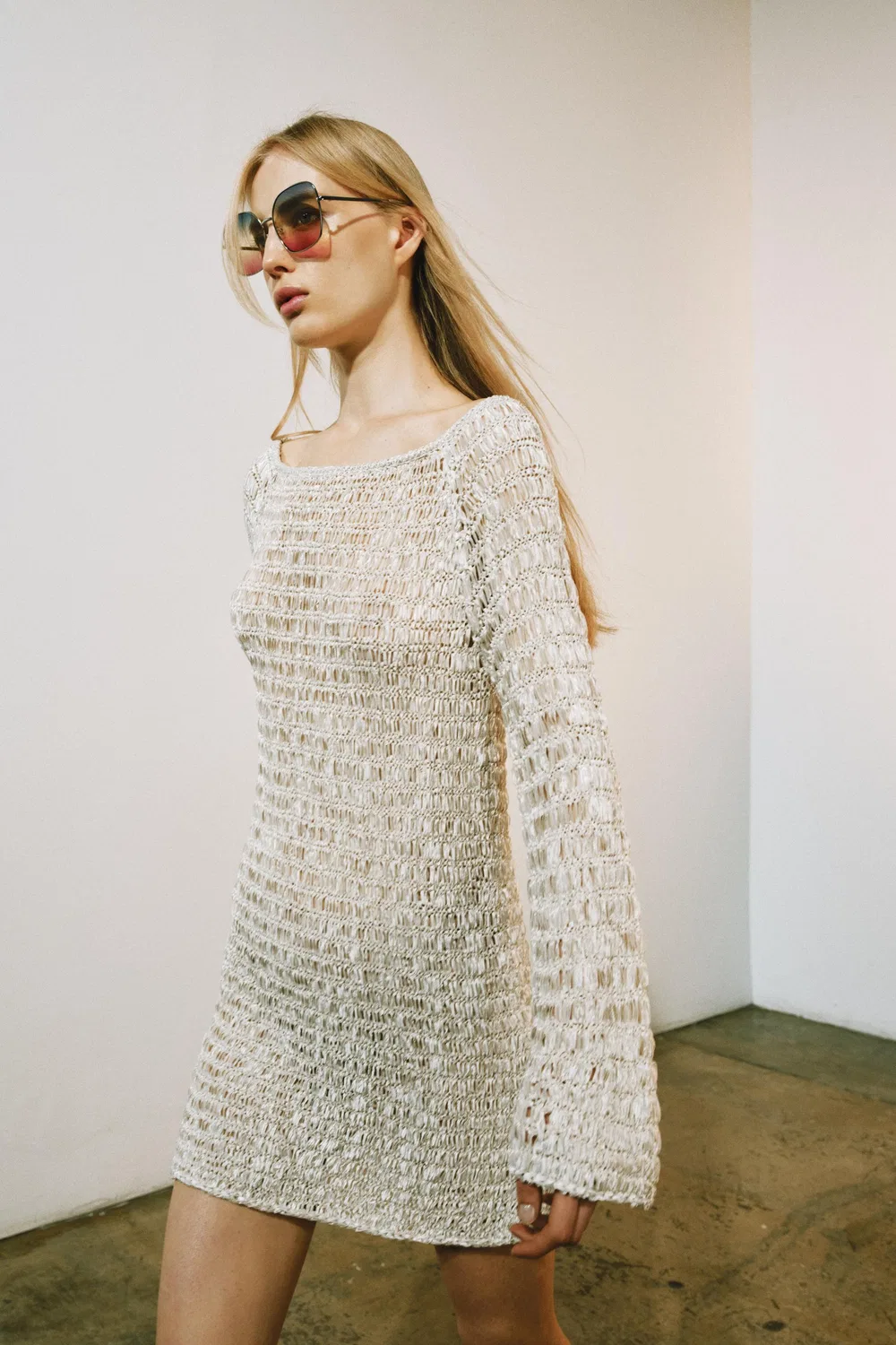 Короткое вязаное платье с вырезом-лодочкой ZARA, Pearl marl — фото 2