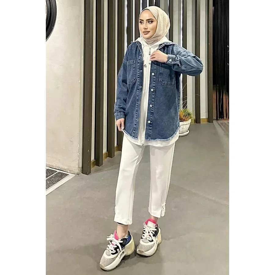 Джинсовое пальто оверсайз с бахромой Dark Blue Snow Wash Fringe Detail Epilons