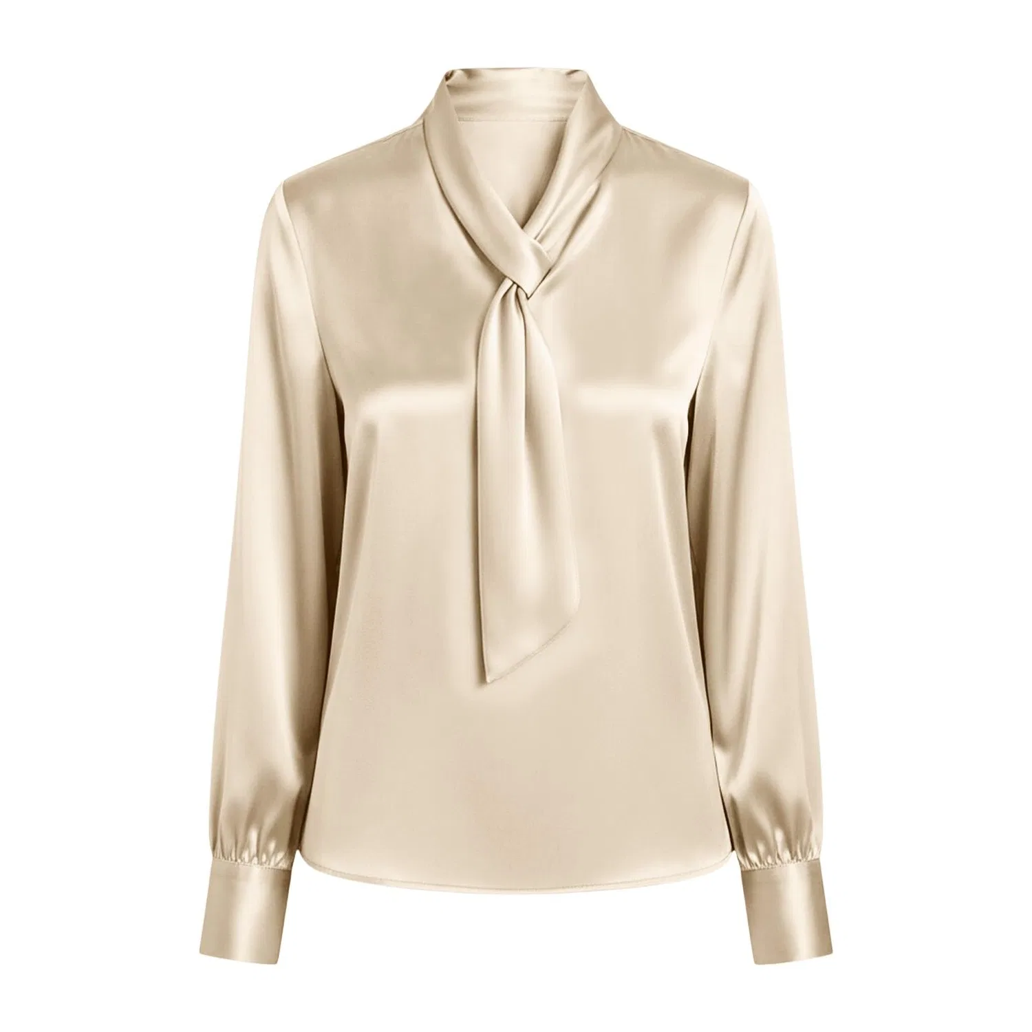 Женская блузка из атласа с V-образным вырезом и длинным рукавом, Satin 07-champagne — фото 3