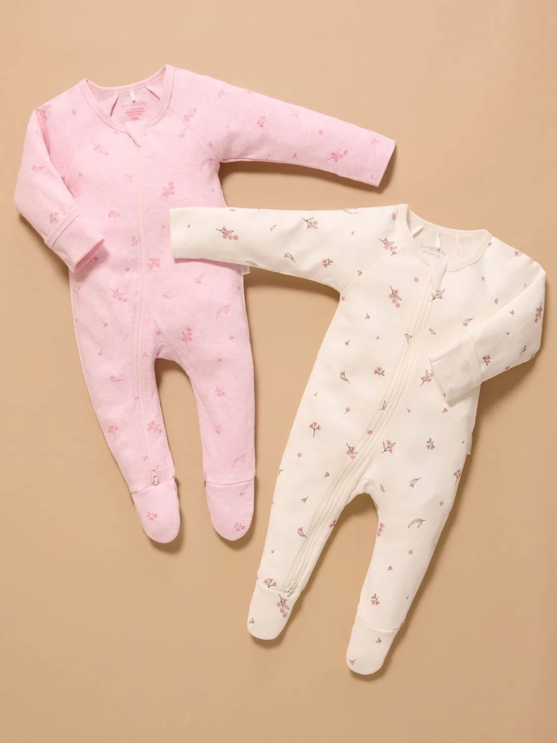 Комбинезон-слип на молнии, 2 шт. Purebaby, Pale Pink Blossom