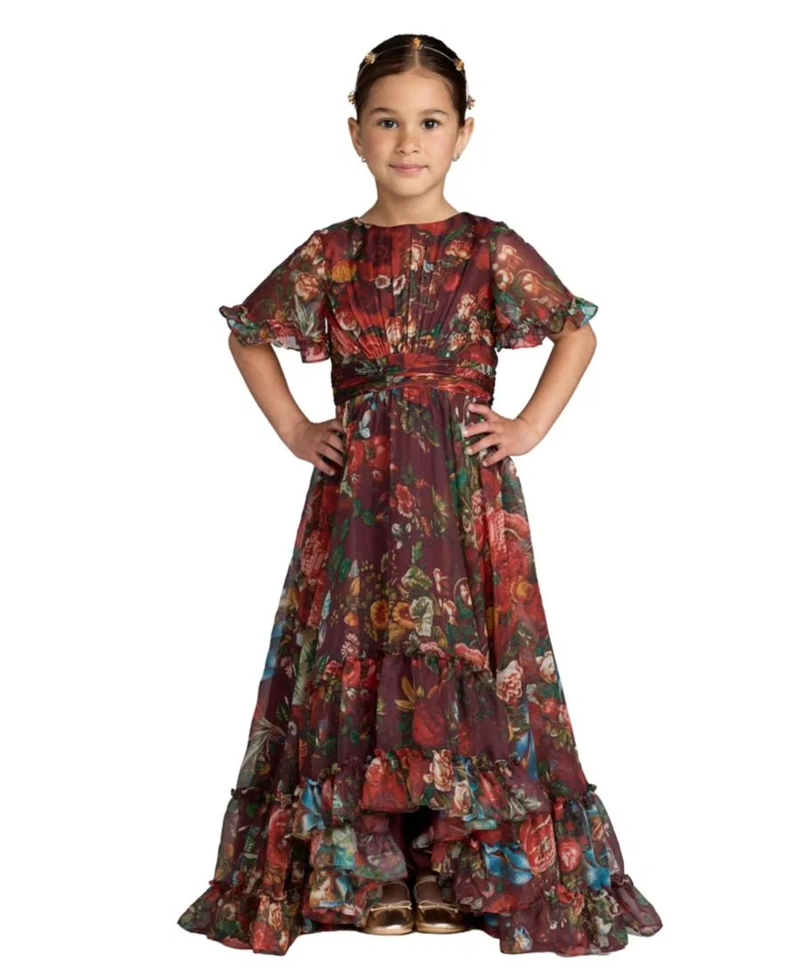 Платье-макси с воланами Big Girls 6-14 High Neck Ruffle Hi Low Gown Mac Duggal, Wine Multi