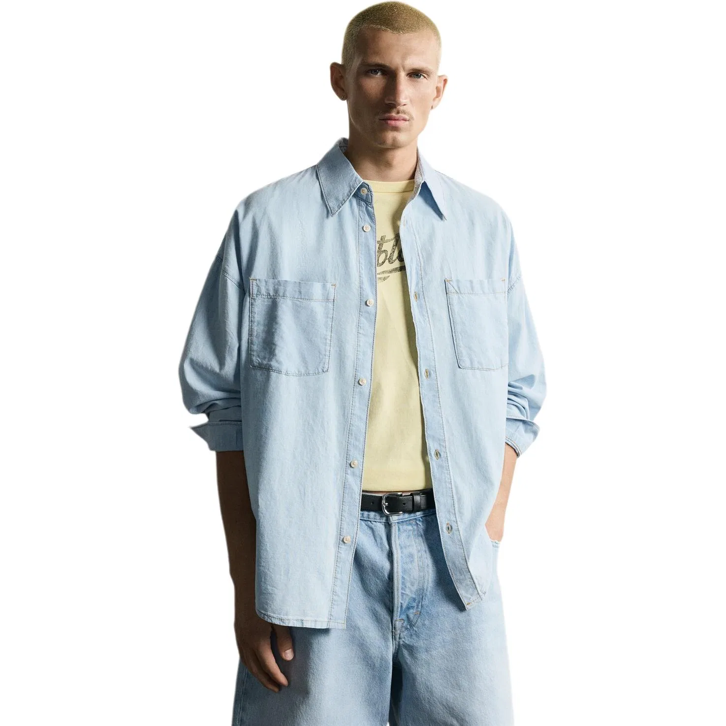 Мужская рубашка с воротником прямого кроя Light Blue ZARA, Light Blue — фото 3
