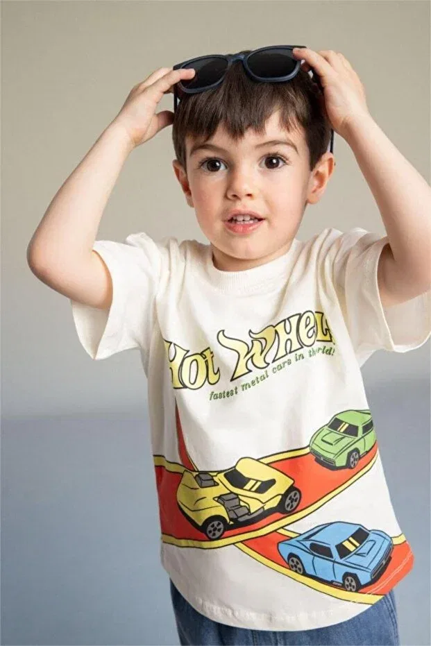 Детское для мальчиков футболка с принтом Hot Wheels Defacto, Ecru — фото 4