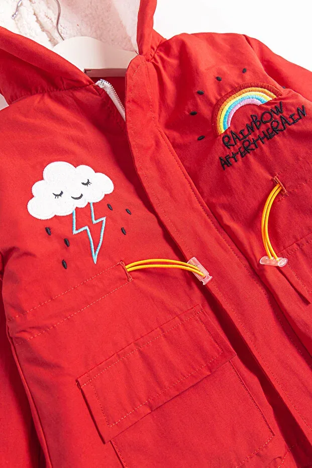 Детское пальто для девочек с принтом Rainbow Embroidered Plush Lined Girl's Coat Babymod, Red — фото 4