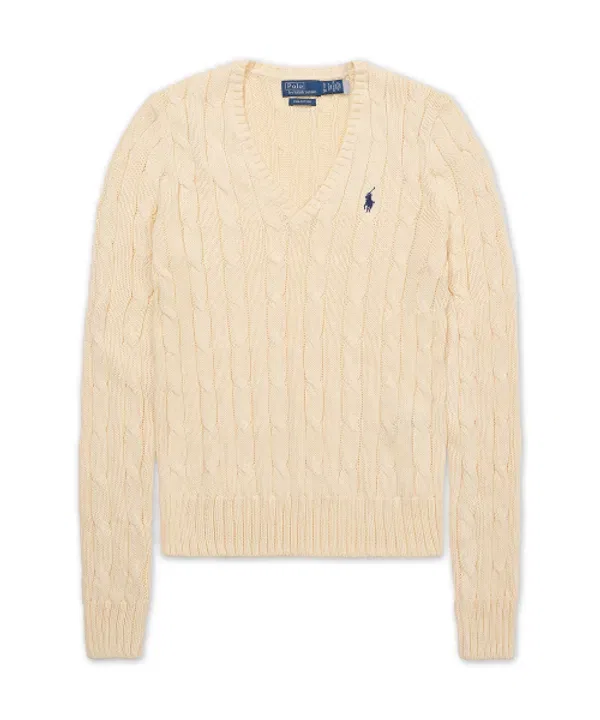 Свитер с V-образным вырезом, кейбл-вязаный, хлопковый, Polo Ralph Lauren, натуральный