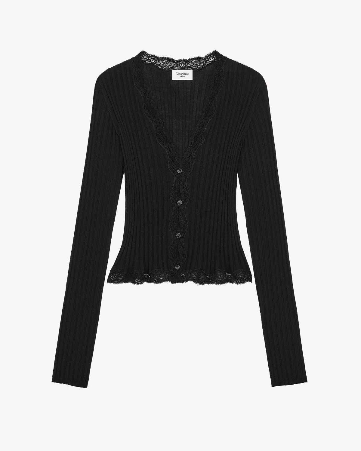 Кардиган в рубчик из шерсти кашемира и шелка с кружевной отделкой SAINT LAURENT, черный