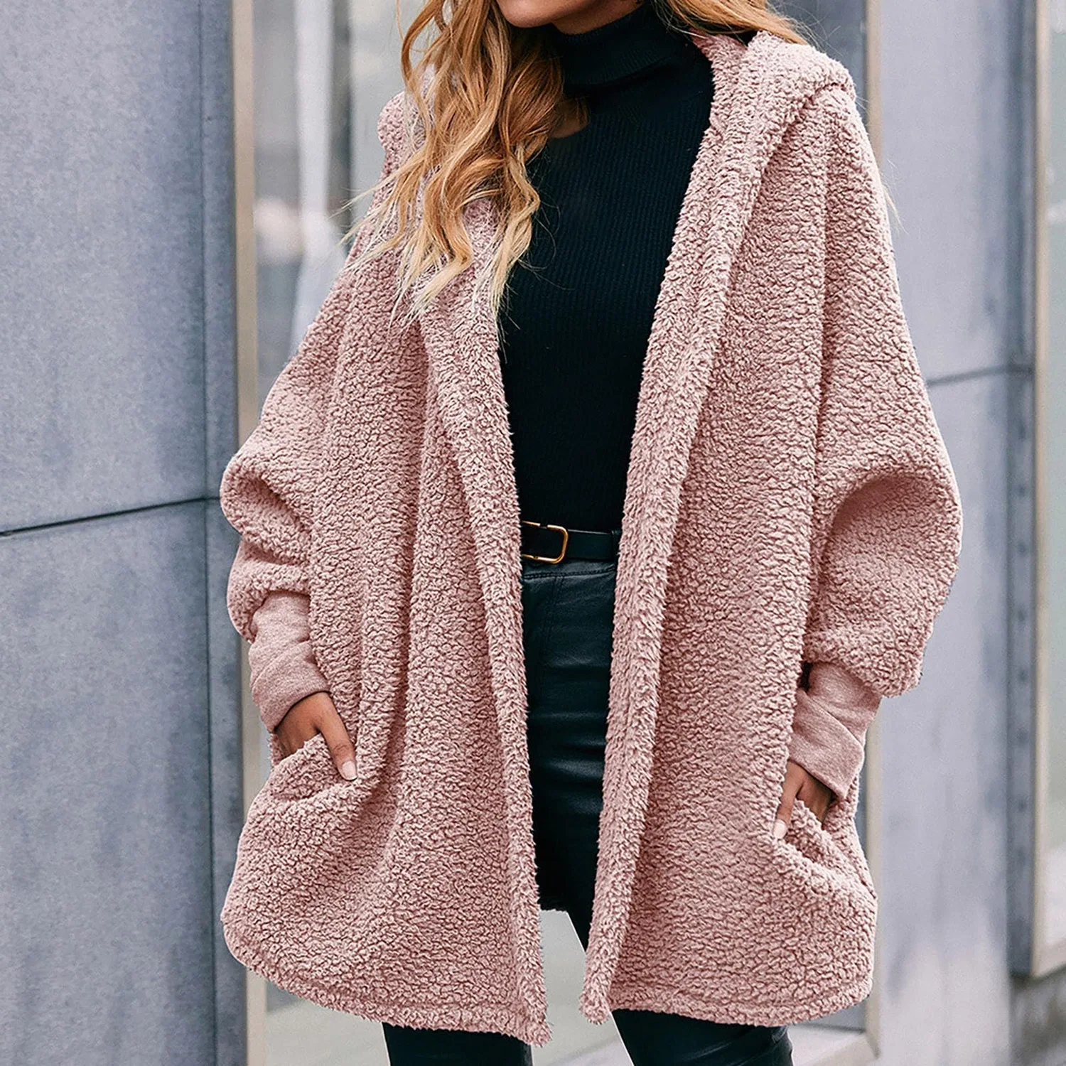 Женское утепленное пальто-кардиган с капюшоном Women Oversized Fleece Hooded Jacket, pink — фото 4