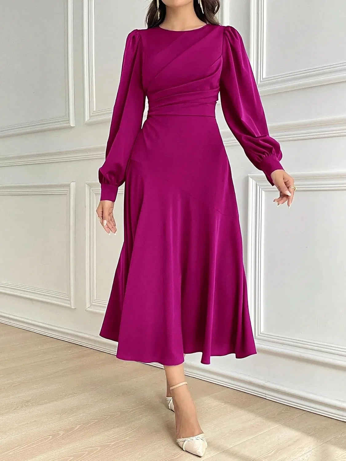 Женское повседневное платье A-силуэта с длинным рукавом, Hot Pink — фото 4