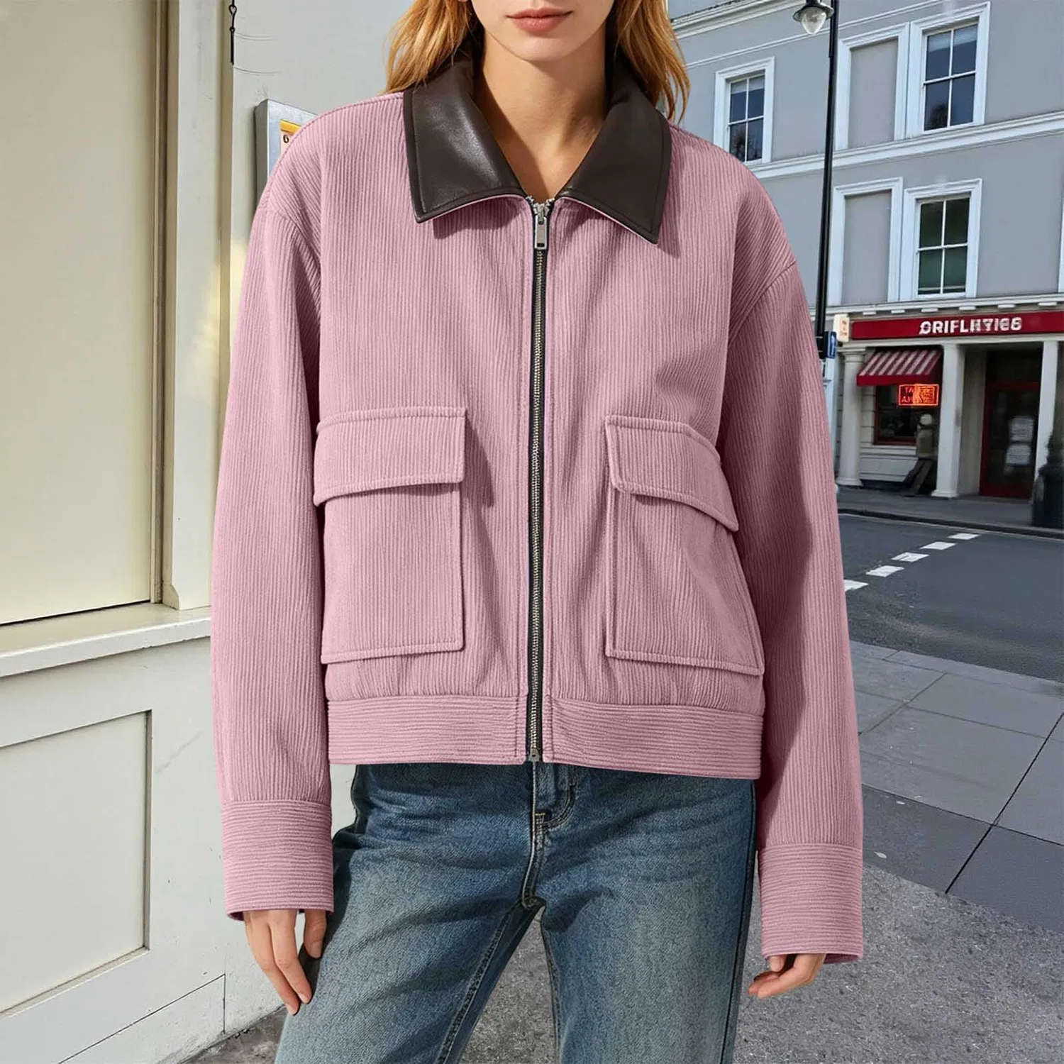 Женская куртка-бомбер с контрастным воротником Rib Cropped Biker Coat, rosa — фото 3