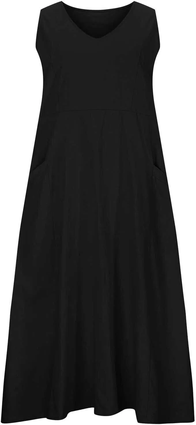 Женское летнее платье свободного кроя V-образным вырезом Cotton Linen, Black — фото 4