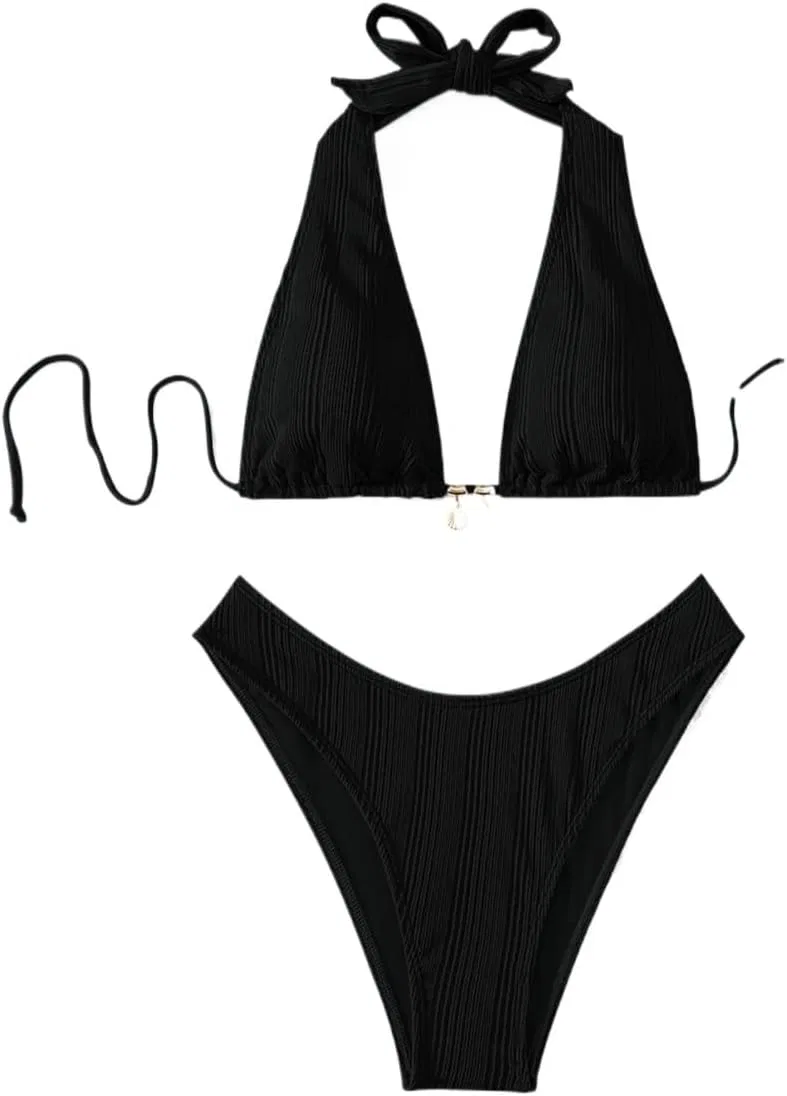Женский бикини с высокой талией, завязками сзади, Halter, Black