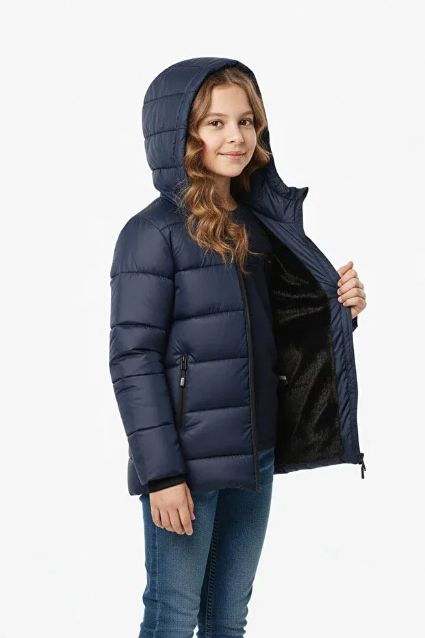 Детское зимнее пуховое пальто для девочек с капюшоном Qawwa, Navy Blue — фото 4