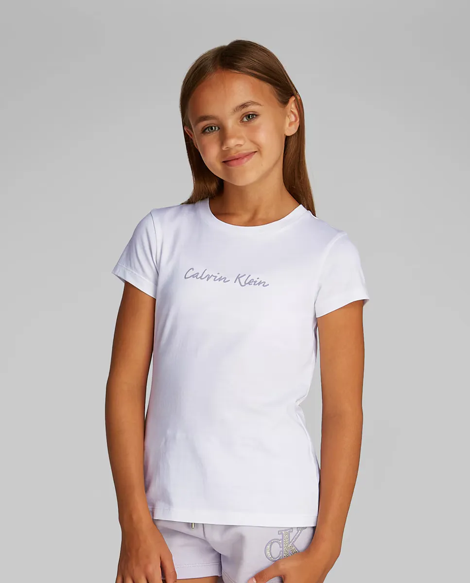 

Футболка для девочки с короткими рукавами и курсивным логотипом Calvin Klein, белый