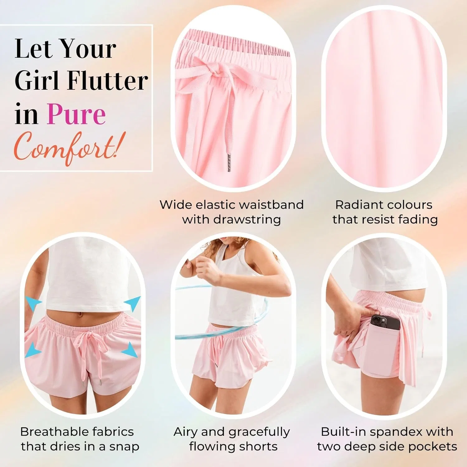 Шорты Dancina Girls Ombre Butterfly Shorts - струящиеся спортивные шорты-юбка 2-в-1 в стиле преппи с внутренними карманами и подкладкой для детей от 2 до 16 лет, Ombre Galaxy — фото 3