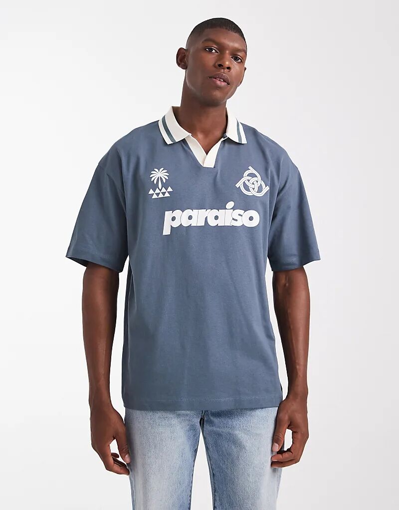 

Рубашка-поло свободного кроя ASOS DESIGN серого цвета с принтом «Параисо»