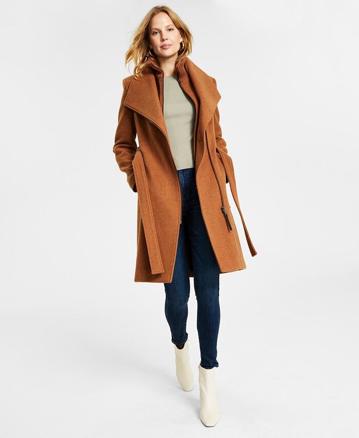 

Женское пальто с запахом из смесовой шерсти с поясом Calvin Klein, цвет Dark Camel