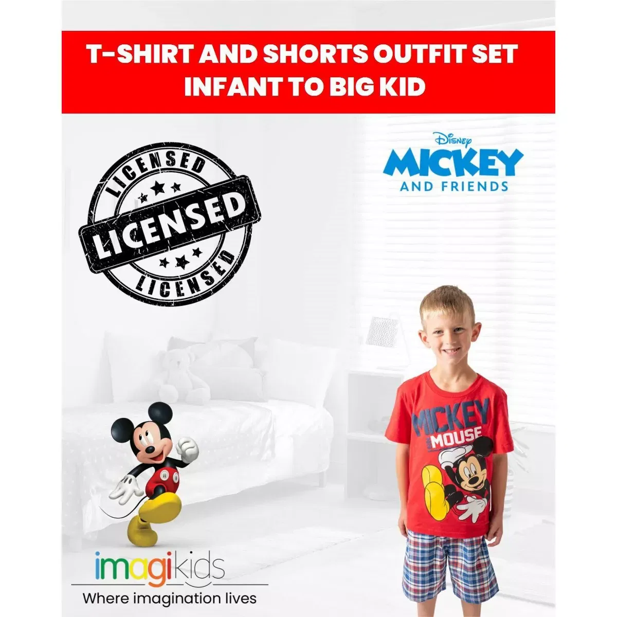 Детский комплект футболки и шорт для мальчиков с принтом Disney Mickey Mouse, Красный — фото 3