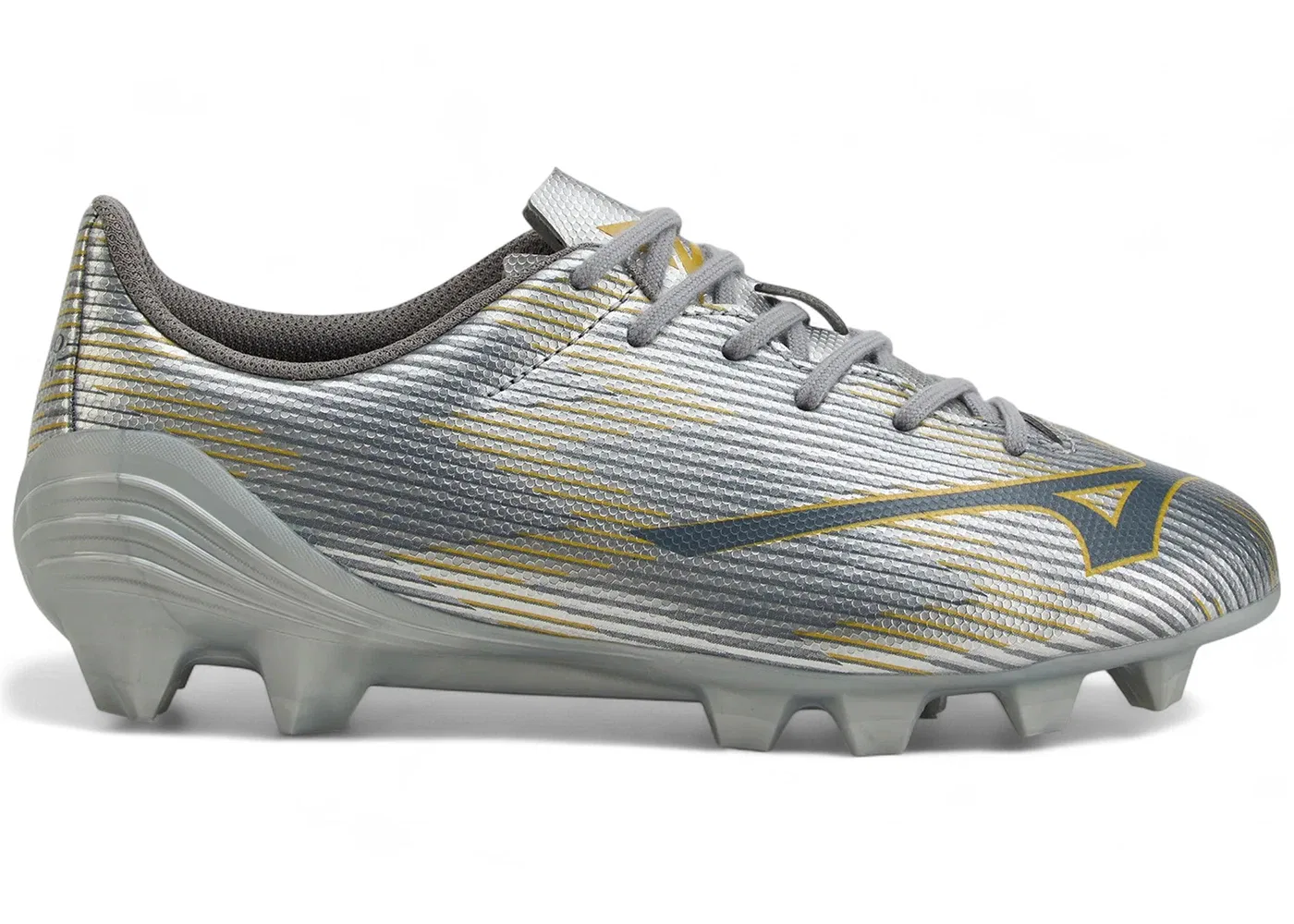 Детские бутсы Mizuno Alpha II Select Jr MD, Galaxy Silver 8605 C Gold