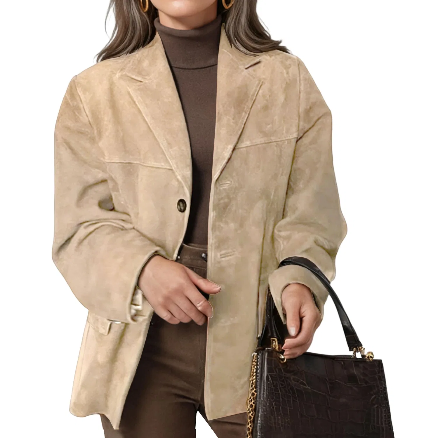 Женский жакет с лацканами из искусственной замши, dark khaki