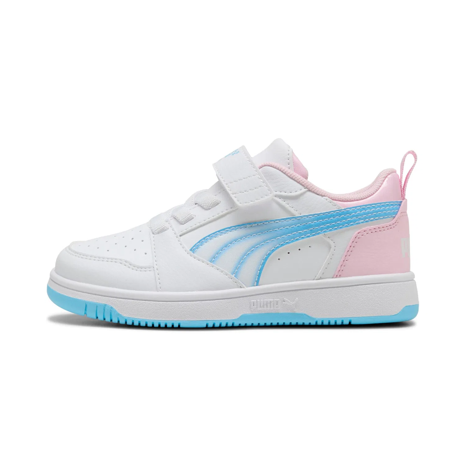 Детские кроссовки с легкопрофилированной подошвой PUMA REBOUND V6 LO JELLY HEAVEN AC PS, White/Vibrant Blue/Pink Shimmer — фото 2