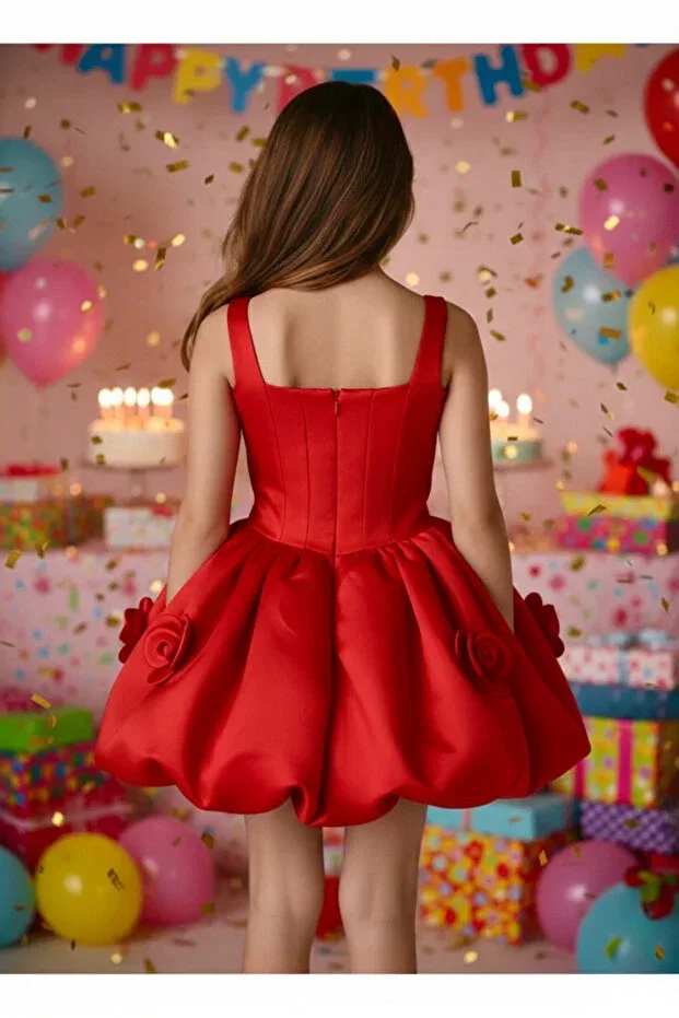 Детское платье для девочек с квадратным вырезом Balloon Dress Tuana, Red — фото 2