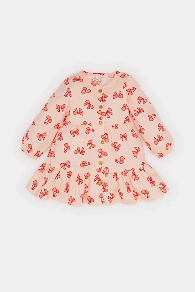 Детское платье для девочек с длинным рукавом Bow patterned long sleeve twill dress baby girl d9564a525sp Defacto, Pink-Pn212