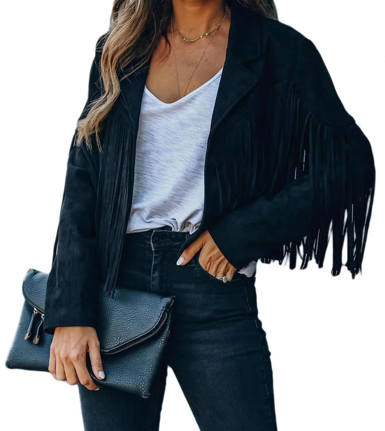 Женская куртка из искусственной замши с бахромой Western Fringe, Nero