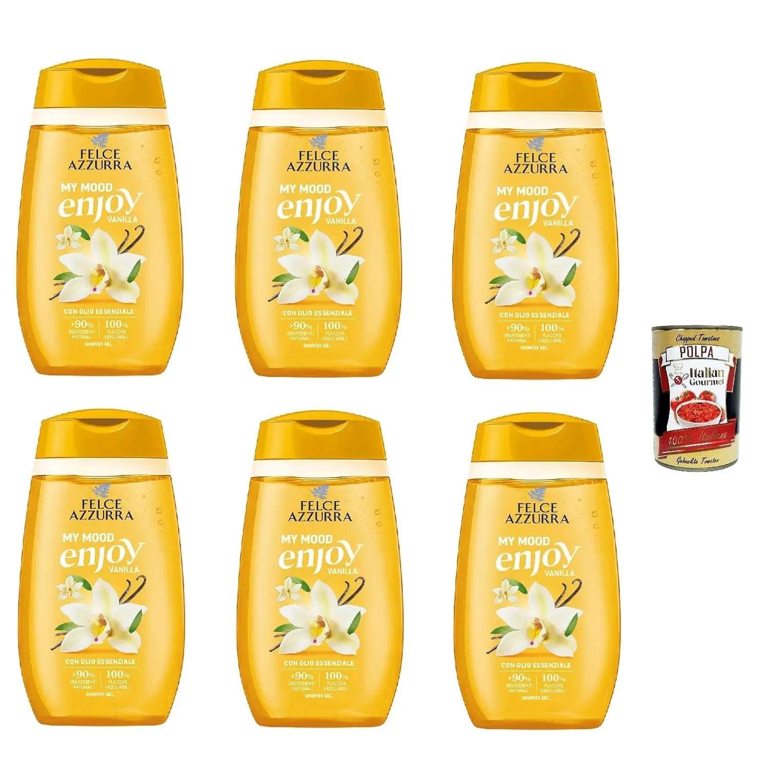 Гель для душа Felce Azzurra My Mood Enjoy Vanilla, 6 x 250 мл, Ваниль, + Polpa di Pomodoro 400 г Italian Gourmet E.R.