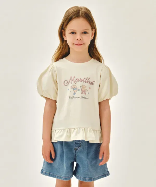 Футболка с рукавом-фонарик и пеплумом, Kids Marithé Kids, кремовый