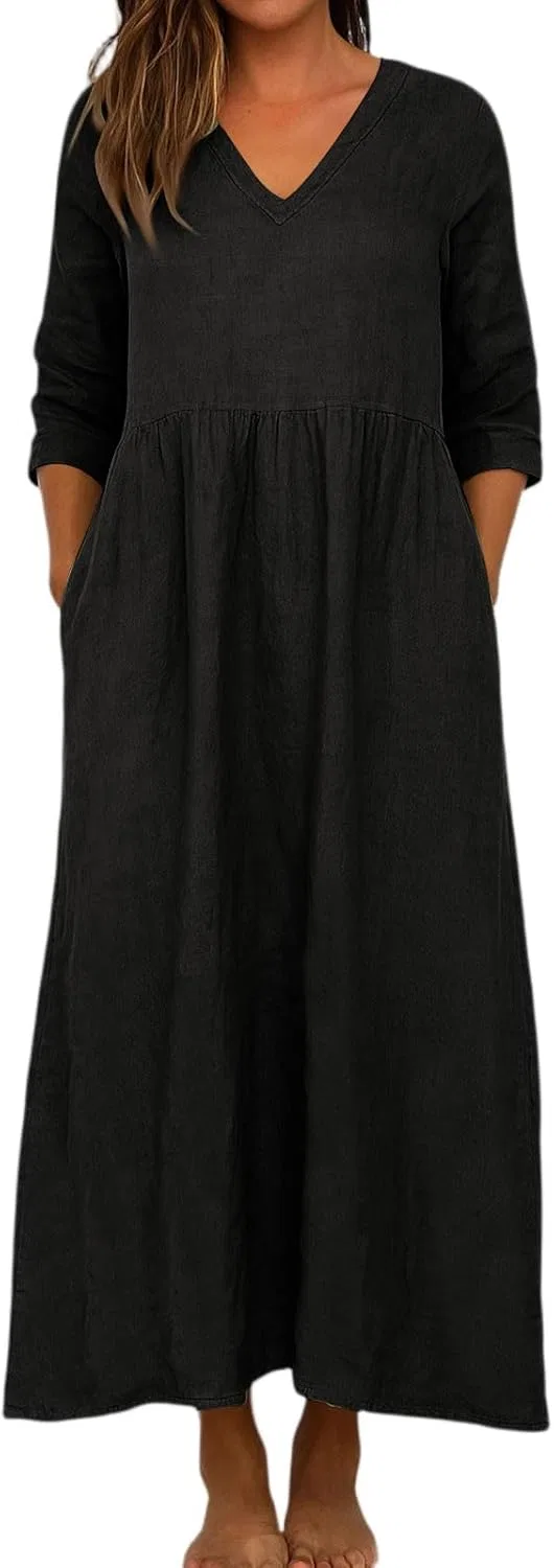 Женское летнее макси-платье с V-образным вырезом, Cotton/Linen, Black