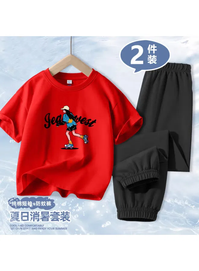 Комплект детской летней одежды с коротким рукавом и брюками от комаров Jeanswest, красный — фото 2