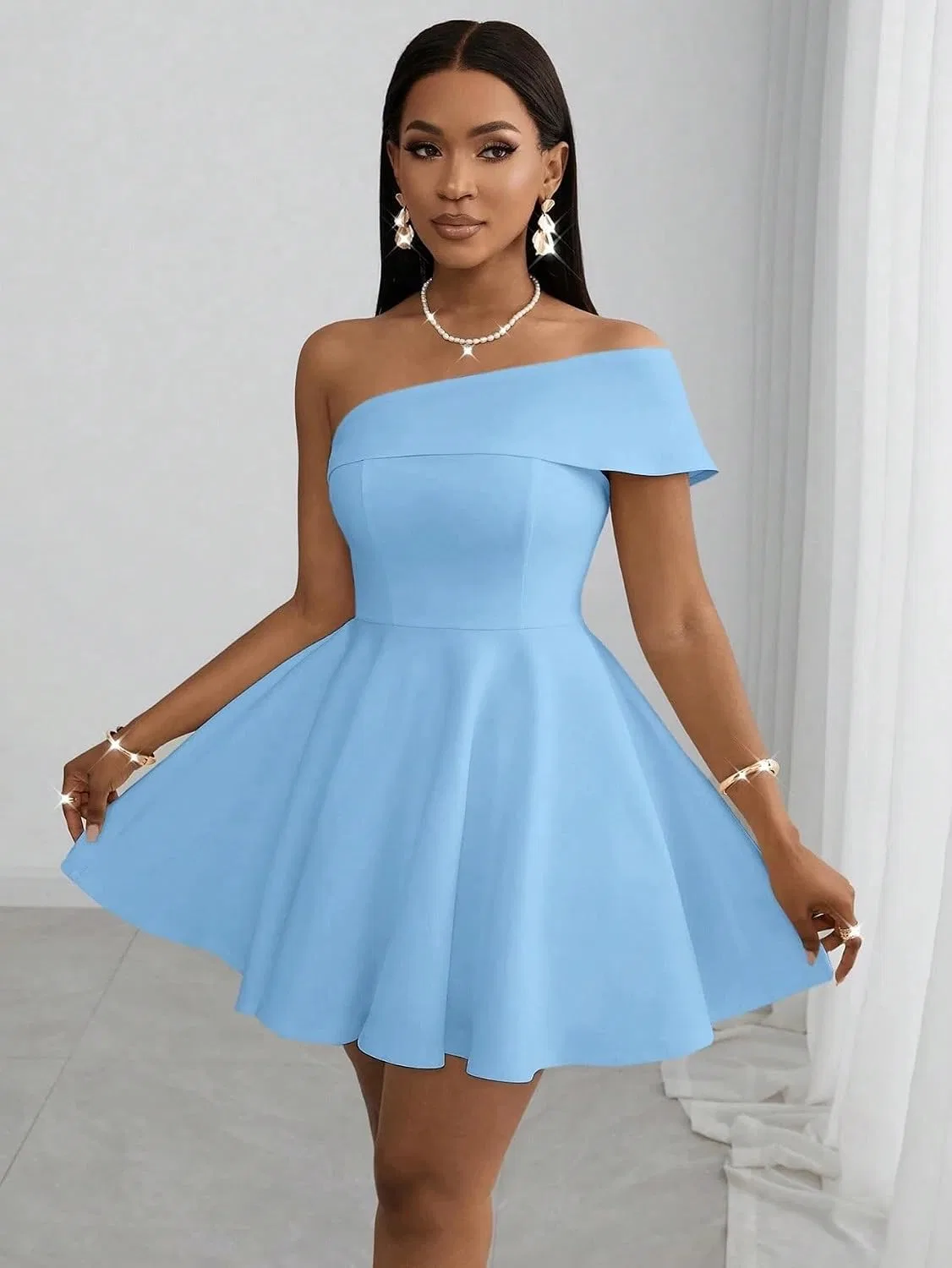Женское элегантное платье с открытыми плечами A-силуэта, Blue — фото 4