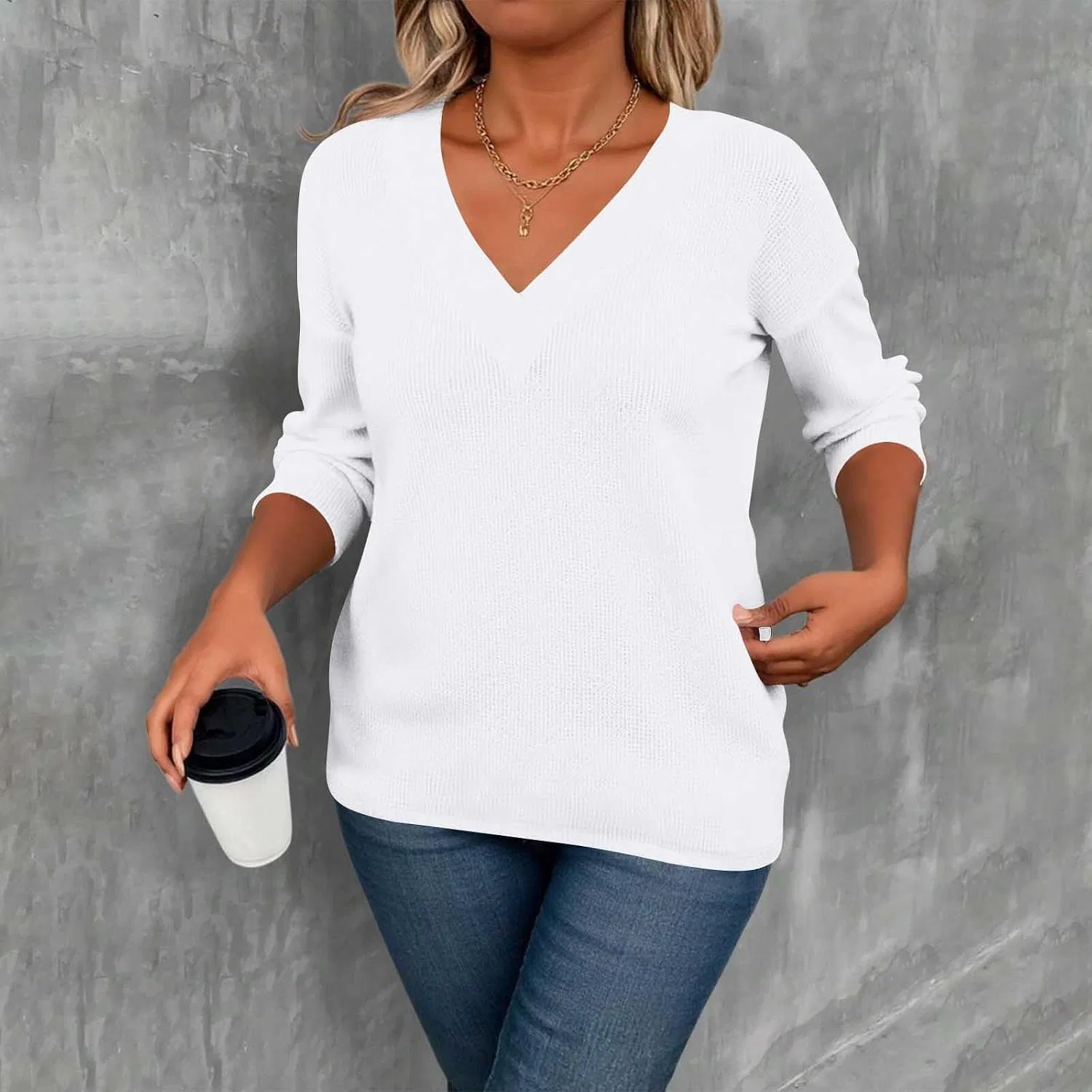 Женская футболка с v-образным вырезом Waffle Long Sleeve, White — фото 4