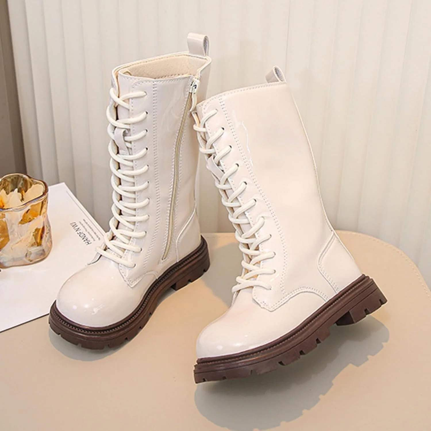 Детские ботинки с шнуровкой и боковой молнией Knee-High Lug XovLAHzY, White — фото 2