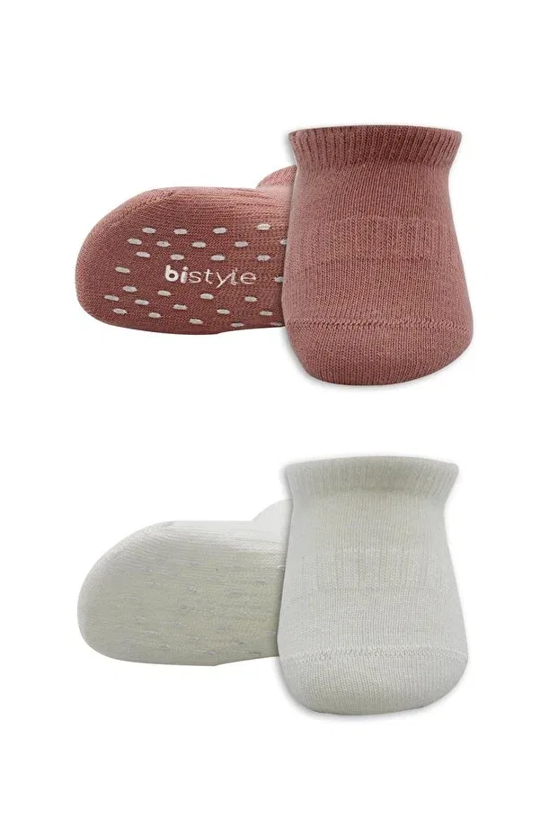 Детские носки для новорожденных хлопковые с принтом Organic baby kids 2-piece colors combed cotton non-slip sneakers socks Bistyle, Powder-Ecru — фото 4
