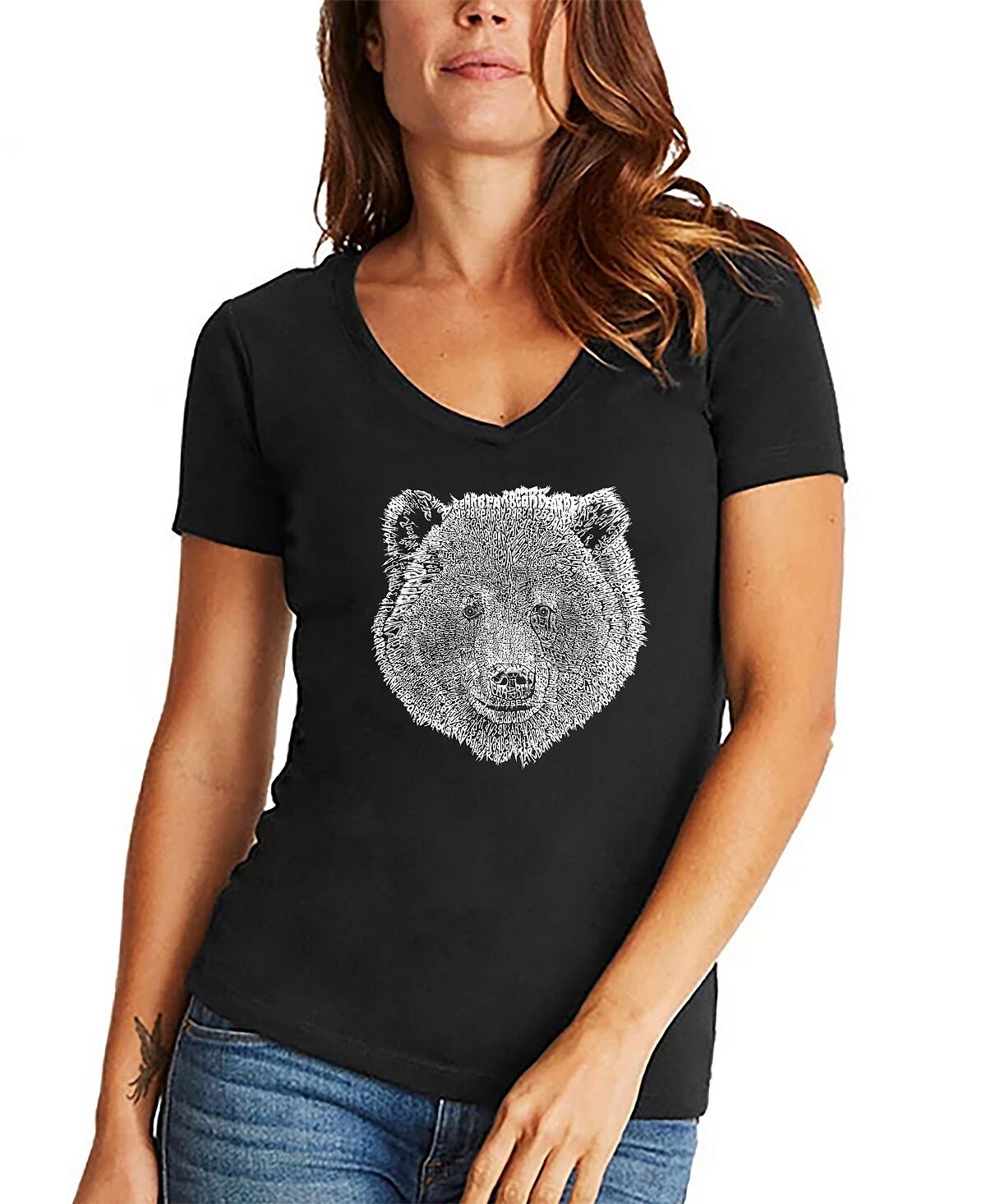 

Женская футболка с v-образным вырезом word art bear face LA Pop Art, черный