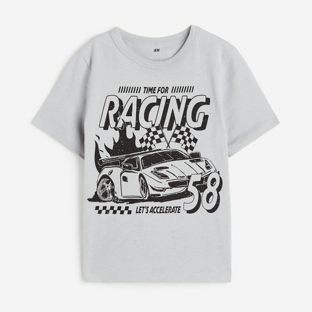 

Футболка H&M Kids Printed Cotton Racing Car, светло-серый