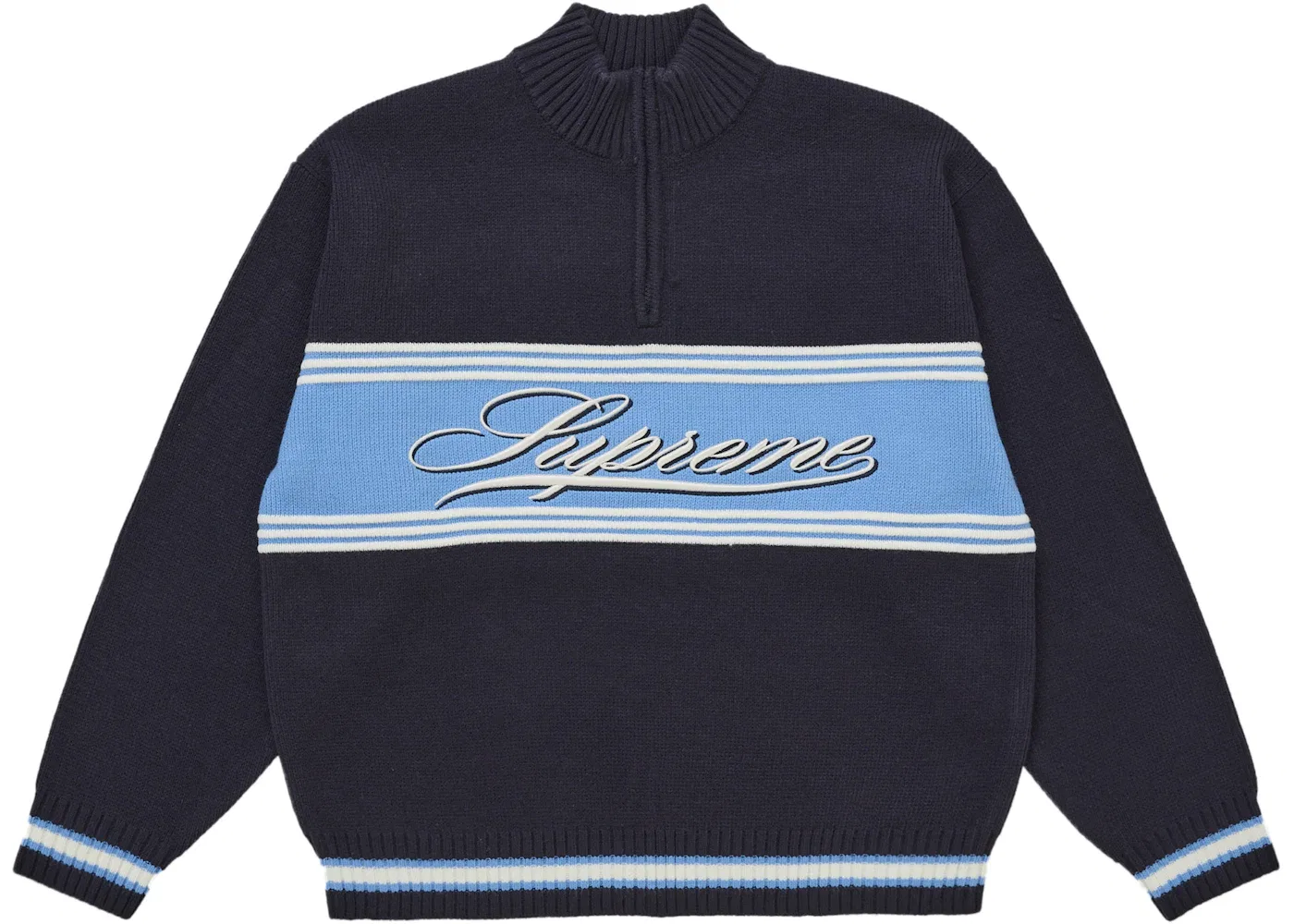 Мужской свитер с принтом Supreme Script Stripe Half Zip Sweater Supreme, Navy