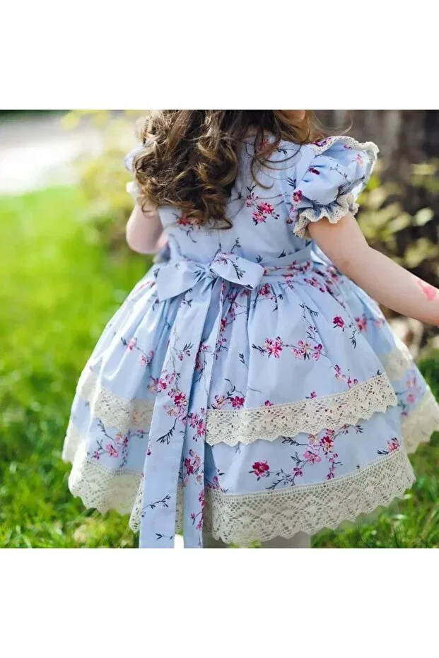Детское кружевное платье для девочек с коротким рукавом Linarookids, Blue — фото 3