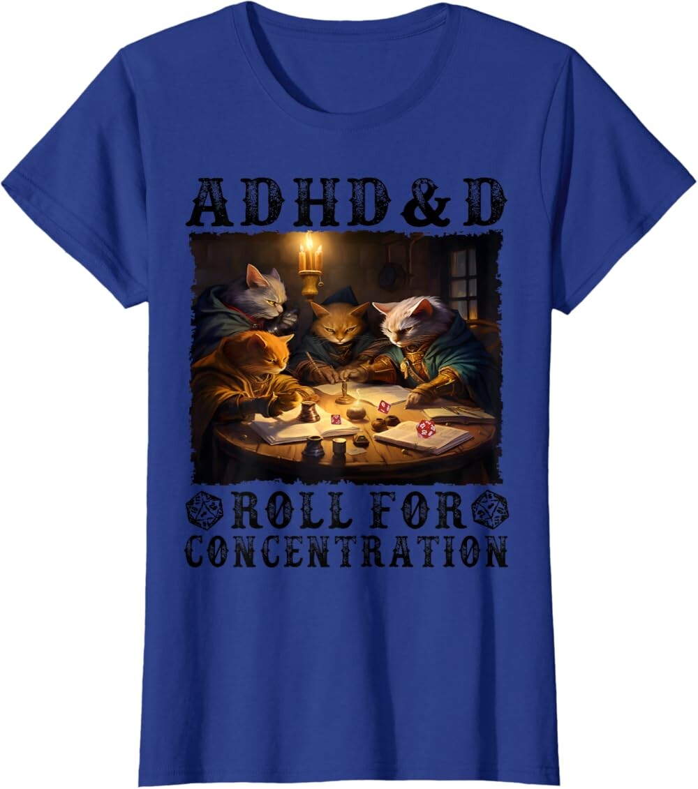 

Женская футболка Funny Tees Gamer RPG Apparel Cats RPG Gamer Roll For Concentration, ярко-синий