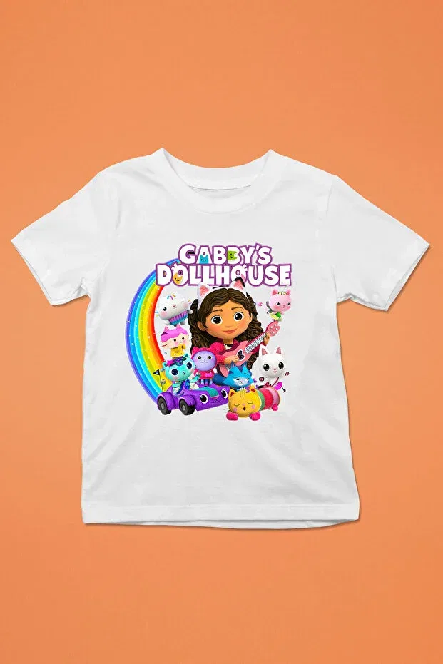 Детская футболка для девочек с принтом Gabby`s doll house pattern printed children's black and white tshirt Store, Белая — фото 2