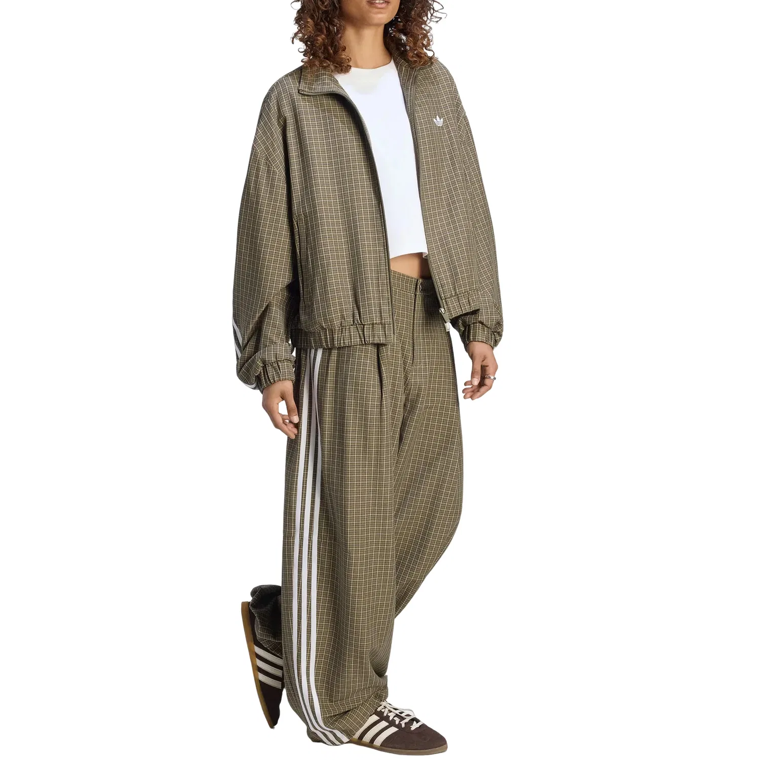 Женская куртка Checks Track Top Asia SIzing 'Olive Strata Wonder Beige Aurora Coffee' adidas, Olive Strata/Wonder Beige/Aurora Coffee — фото 2
