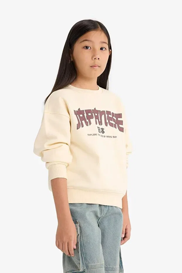 Детские свитшот для девочек с принтом Relax fit crew neck printed soft fleece inside sweatshirt for girls e6779a825wn Defacto, Ecru-Er134 — фото 3
