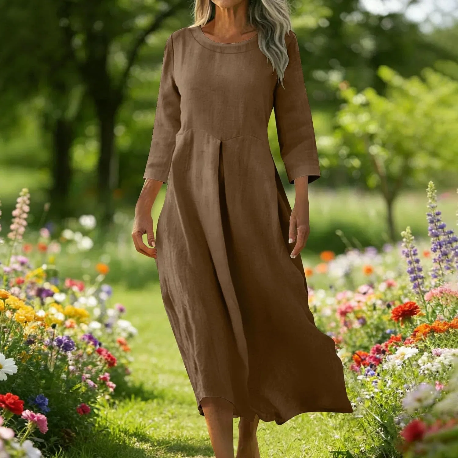 Женское платье свободного кроя из хлопка и льна, Brown — фото 2