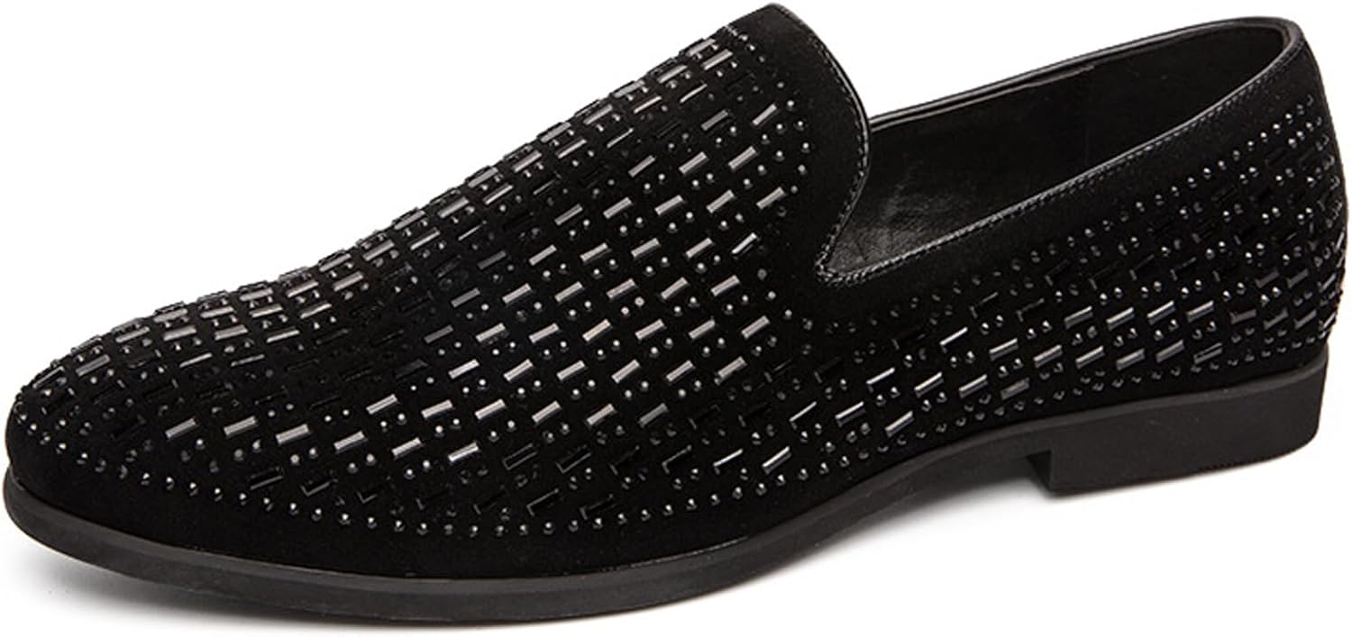 

Мужские блестящие туфли-слиперы NELSBREX с низким каблуком, украшенные стразами, удобные с круглым носком, современный металлический декор, противоскользящие, классические лоферы для вечеринок и свадеб, черный