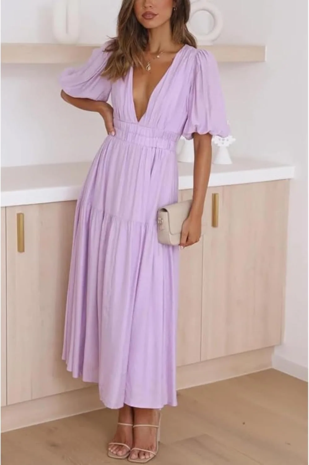 Женское летнее платье миди A-line V-образным вырезом, Purple — фото 4