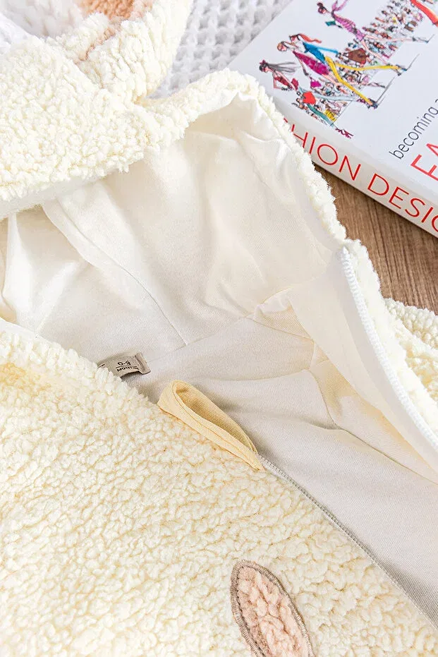 Детский комбинезон для малышей с капюшоном Rabbit Embroidered Hooded Welsoft Plush Winter Babymod, Cream — фото 4