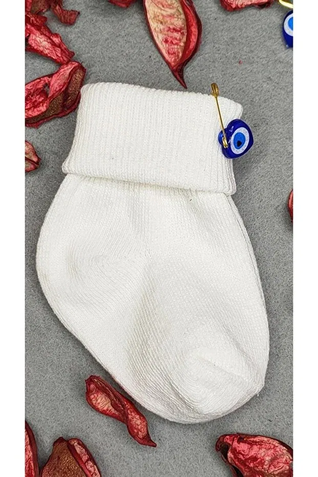 Детские носки для новорожденных хлопковые 3-предметный набор Curled plain cotton 3-piece men's 0-6 months newborn baby socks Akface, White Cream Blue — фото 3