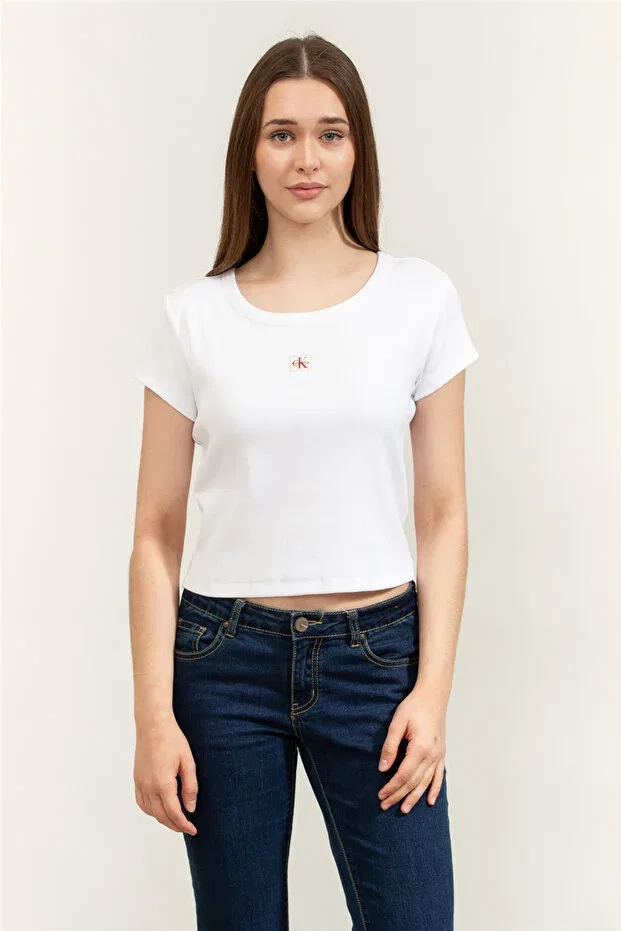Женская футболка хлопковая A- woven label 2x2 rib baby tee Calvin Klein, Brilliant White