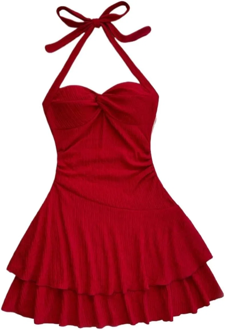 Женское мини-платье с открытой спиной и асимметричной горловиной, Red — фото 2